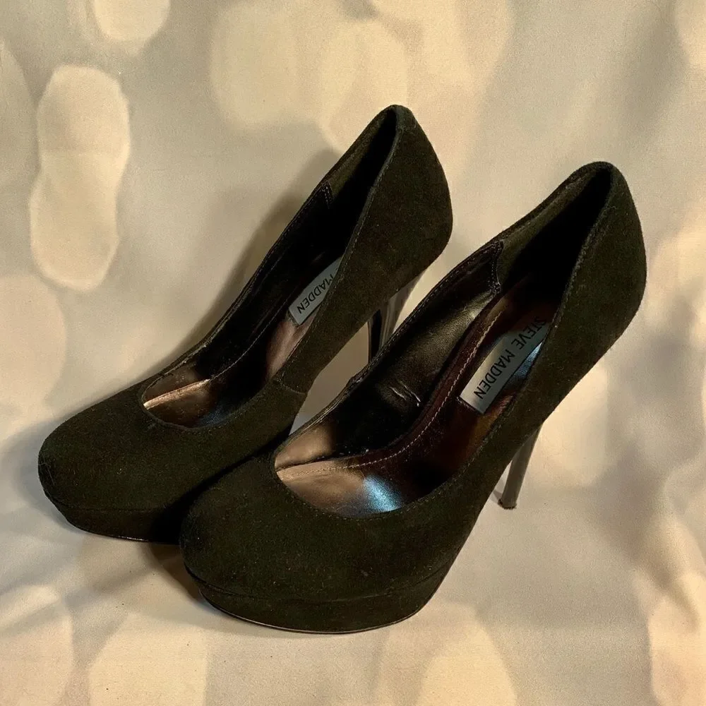 STEVE MADDEN BLACK SUEDE w 5” BLACK ACRYLIC HEEL 7